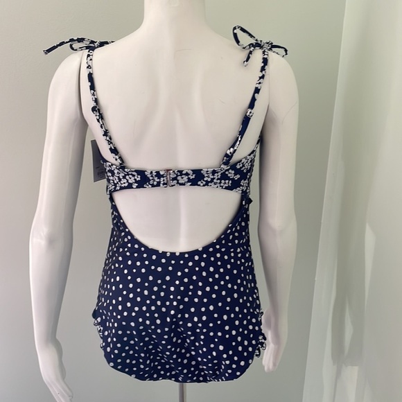 Retro Smocked one piece cut out swimsuit navy and white juniors Large 11-13 - Picture 4 of 6